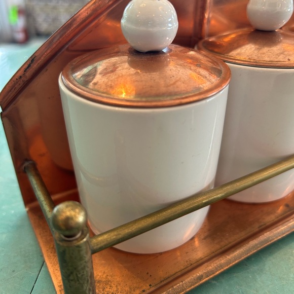 Vintage copper ceramic spice jar set wall mount shelf with rack mcm mid century - Picture 3 of 15